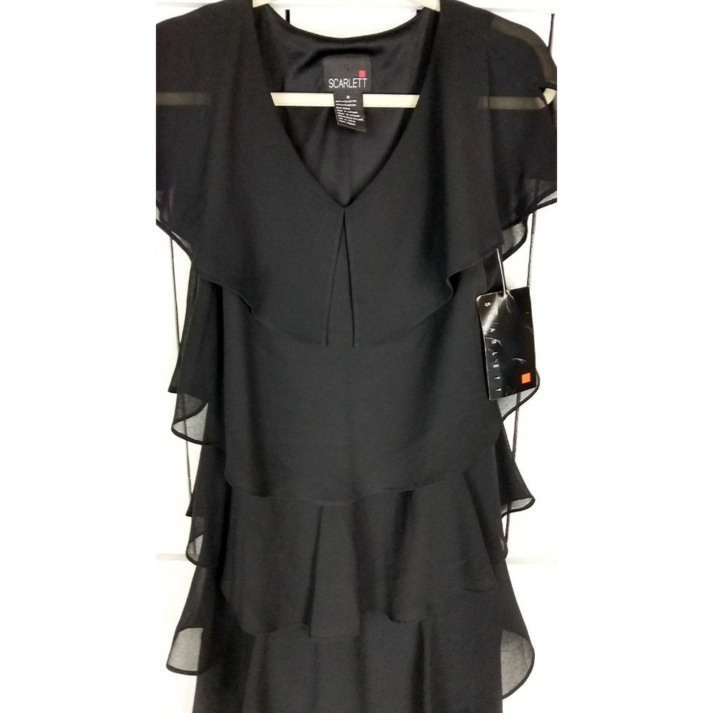 90s Scarlett black ruffle midi mid length pullover cocktail dress LBD 8 - Picture 4 of 4